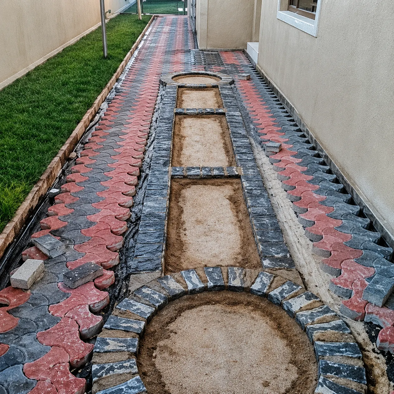 Symmetrical courtyard walkway with stone details