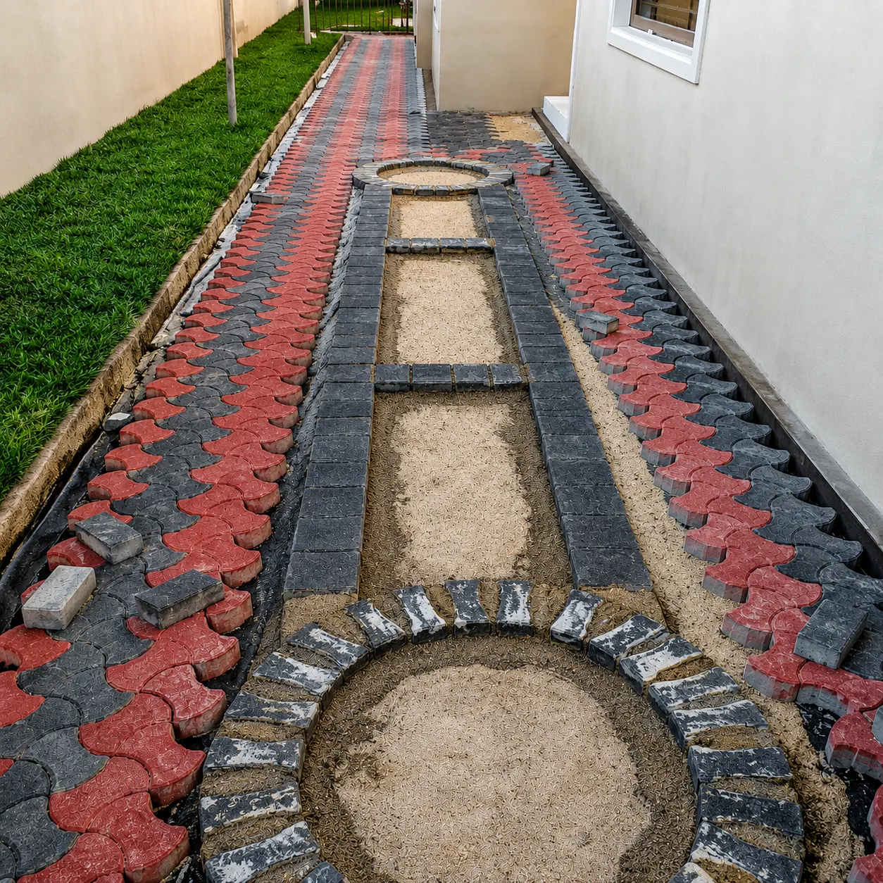 Patterned paver pathway under construction