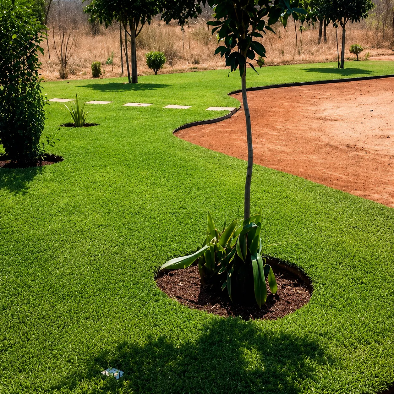 Serene landscaped garden under sunlight